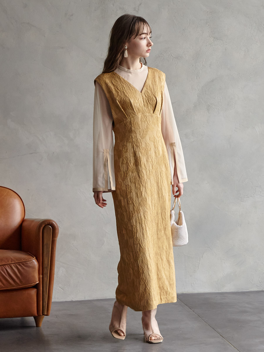 試着キャンペーン対象】チュールブラウス付きジャカードIラインドレス