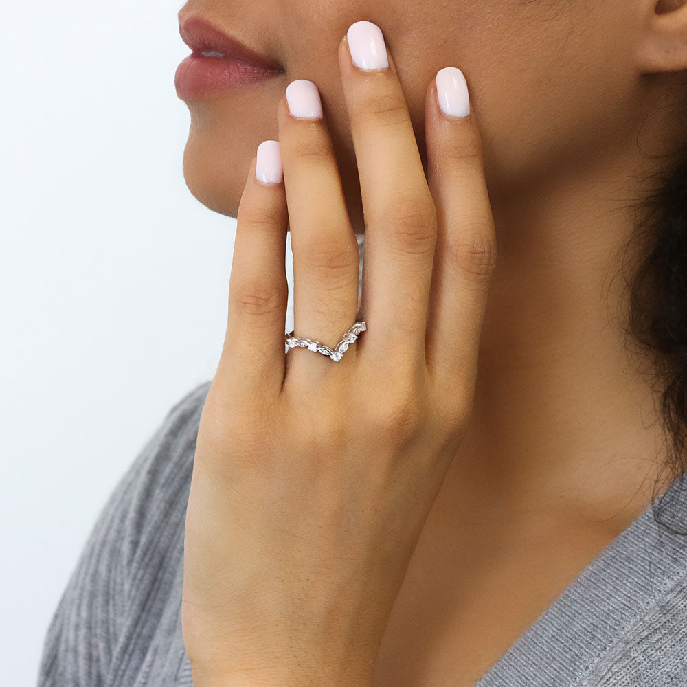Halo Wishbone Art Deco Chevron V Shaped Engagement Ring Set #VR629