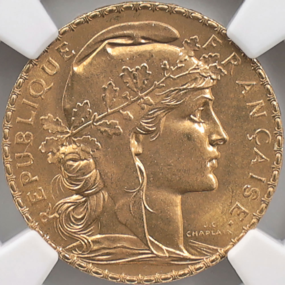 1908 フランス マリアンヌ・ルースター 20フラン 金貨 NGC MS 66 完全