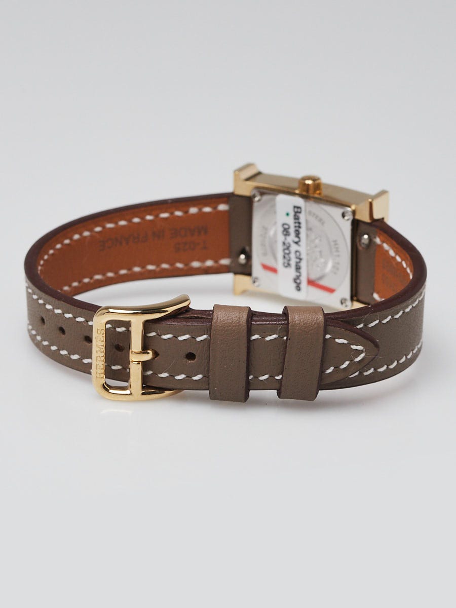 Hermes 21mm Etoupe Swift Leather and Gold Plated Heure H Quartz