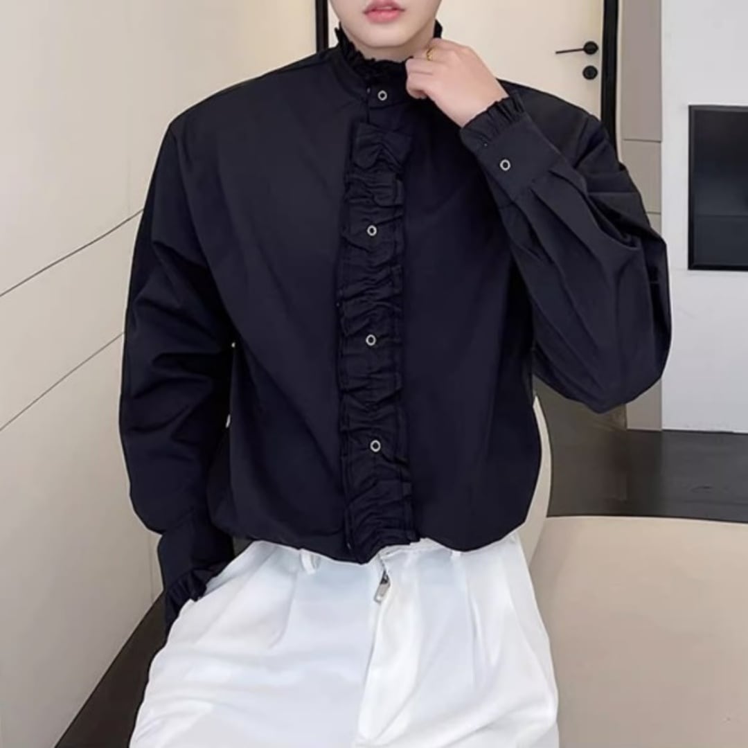 スタンドカラー 長袖フリルシャツ 2カラー D10350 | 韓国メンズ