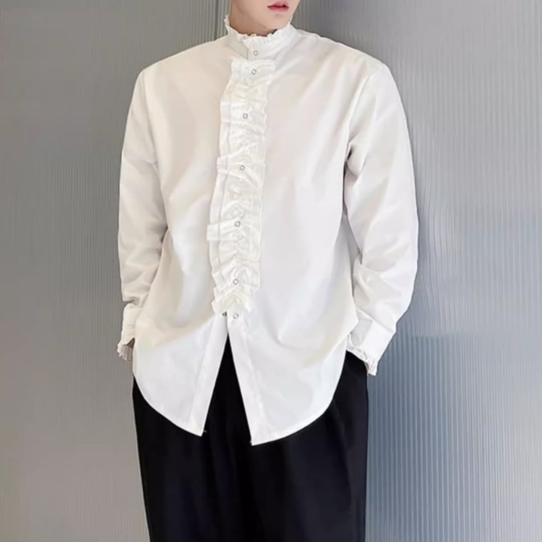 スタンドカラー 長袖フリルシャツ 2カラー D10350 | 韓国メンズ