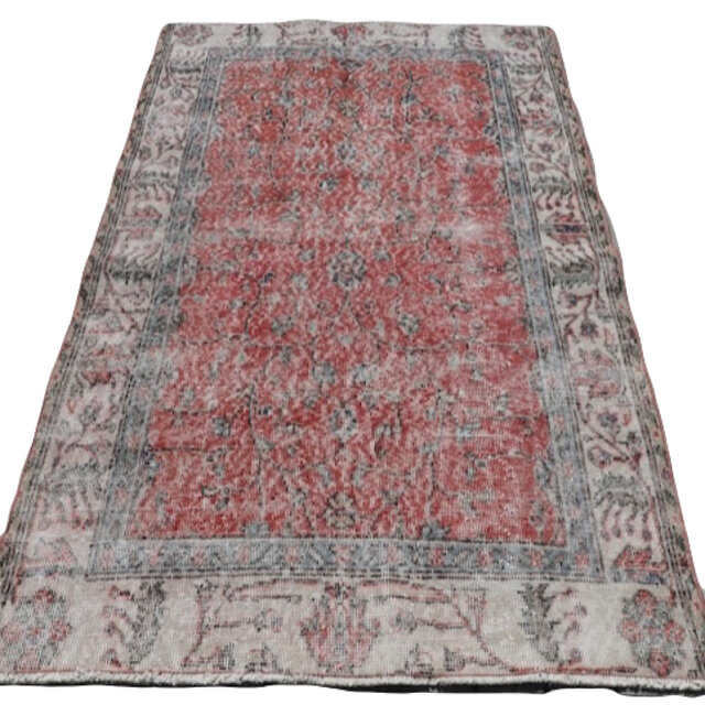 トルコラグ シャビーレッド 194×112ボタニカル トルコヴィンテージラグ