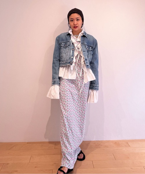 SUPER RIB PADDED SHOULDER L/S DRESS (FLOWER) スーパーリブパ