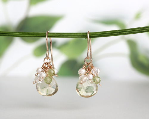 14kgf レモンクォーツ × ペリドット ブーケ ピアス *イヤリング ピアス