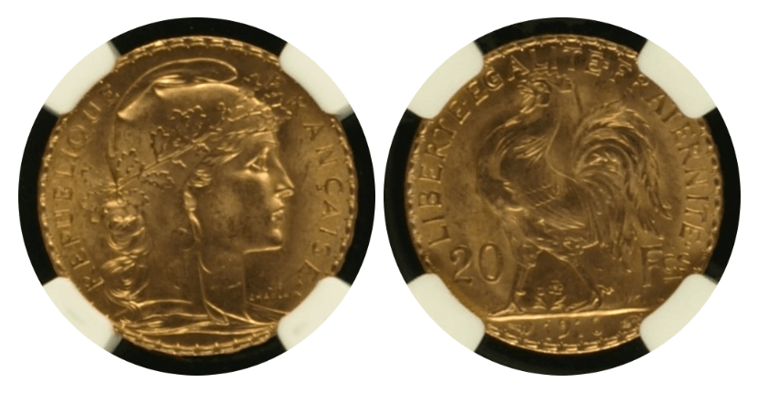 MS65】1910年 フランス第三共和国 マリアンヌ ルースター 20フラン