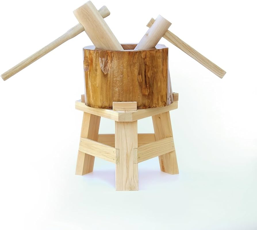 Amazon | 【木台付き】餅つきセット 8合用 木製ミニ臼＋キネ2本