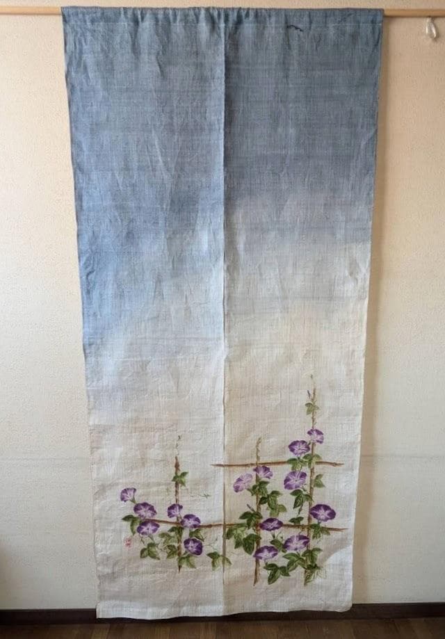 手描き麻暖簾【朝顔】手染 のれん 巾85×151cm　一点物　古布　アンティーク 手描き麻暖簾【朝顔】手染 のれん 巾85×151cm 一点物 古布 アンティーク