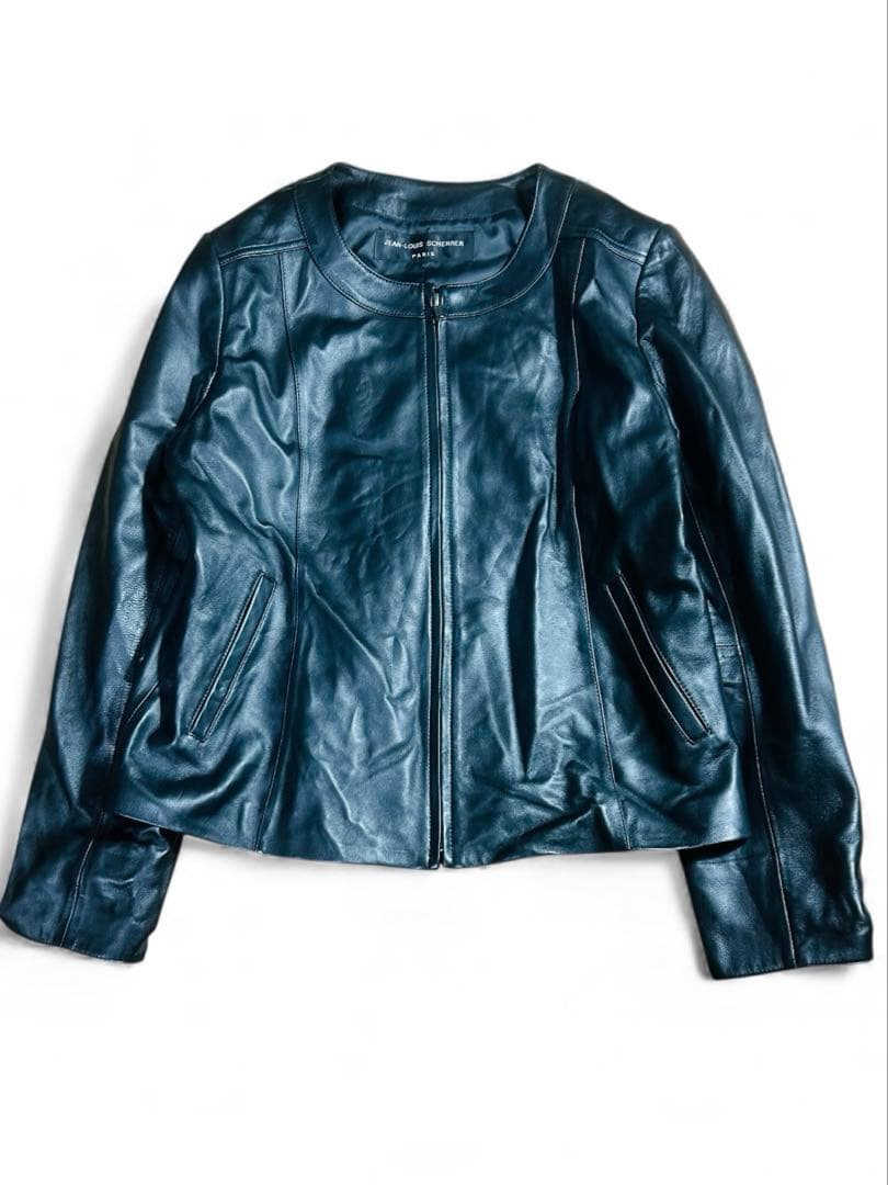 ジャンルイシェレル ノーカラー レザー ジャケット 羊革 ブラック　3L JEAN-LOUIS SCHERRER 本革 ラム羊革ノーカラーリバーシブルジャケット