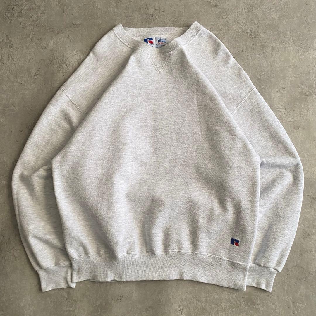 90s ラッセル ハイコットン 前V 無地 スウェット USA製 グレー L 90s USA製 ラッセル 無地 スウェット グレー XXL 古着 vガゼット