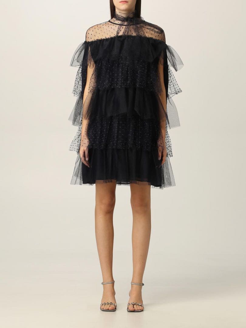 RED VALENTINOブラックドットチュールティアードミニドレス an/アン】ジップデザイン ホルターネック チュール ティアード フリル