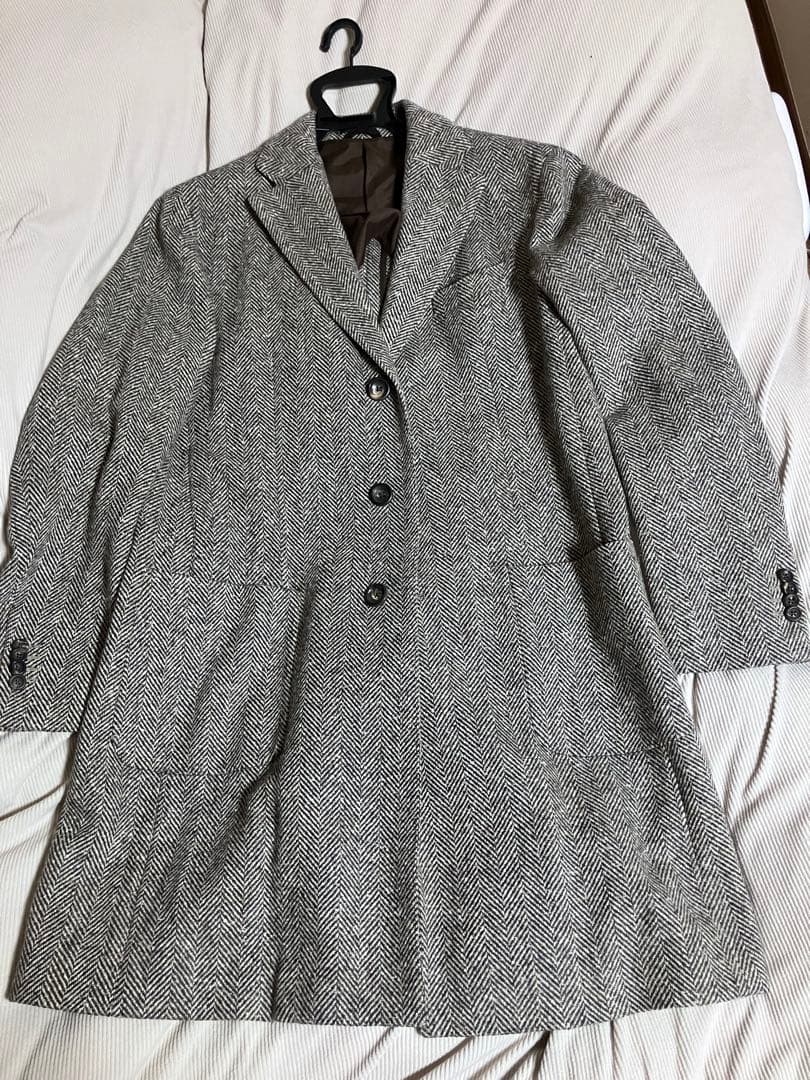 美品 ルイジビアンキマントヴァ チェスターコート ヘリンボーン グレー 系 50 美品 ルイジビアンキマントヴァ チェスターコート ヘリンボーン グレー