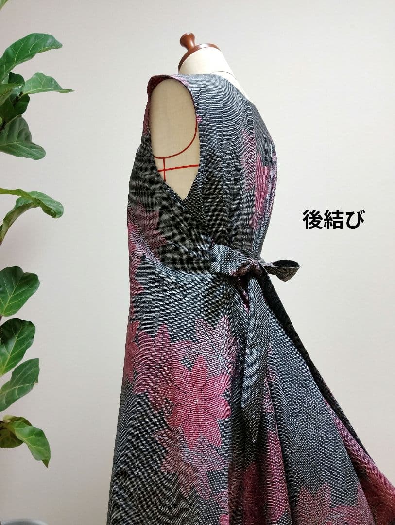 着物リメイク❀大島紬フレアーワンピース❀正絹花柄ストールリボン2本